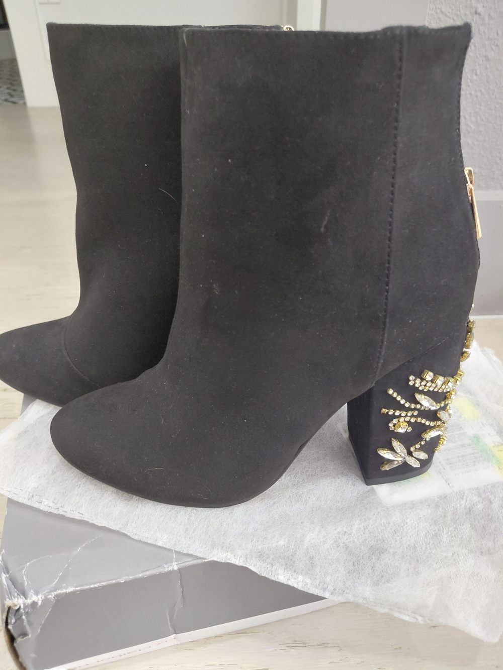 Shoe Dazzle Black Suede Block Heel Ankle Boots with Gold Crystal Detail